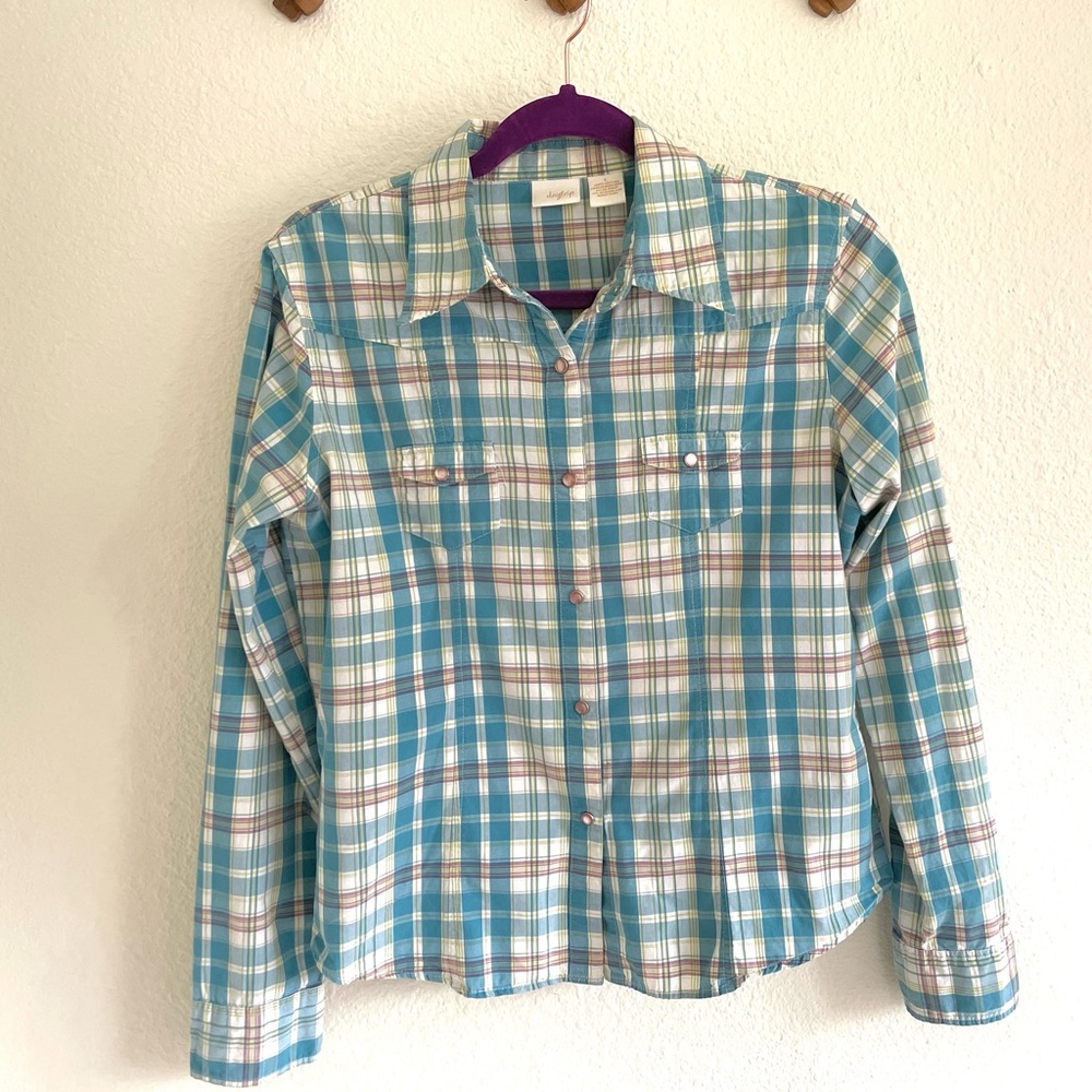 Vintage Turquoise Blue and Pink Plaid Pearlsnap Cotton Blouse 1980s